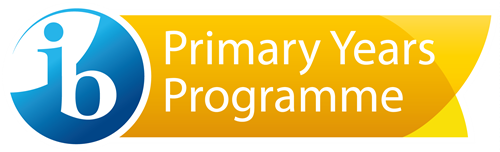 Blue and white IB Logo with Yellow banner that reads Primary Years Programme